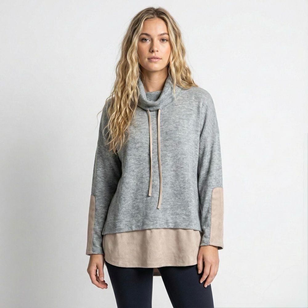 THML Gray Cowl Neck Oversized Sweater Tunic Medium Stitchfix Suede Elbow Patch